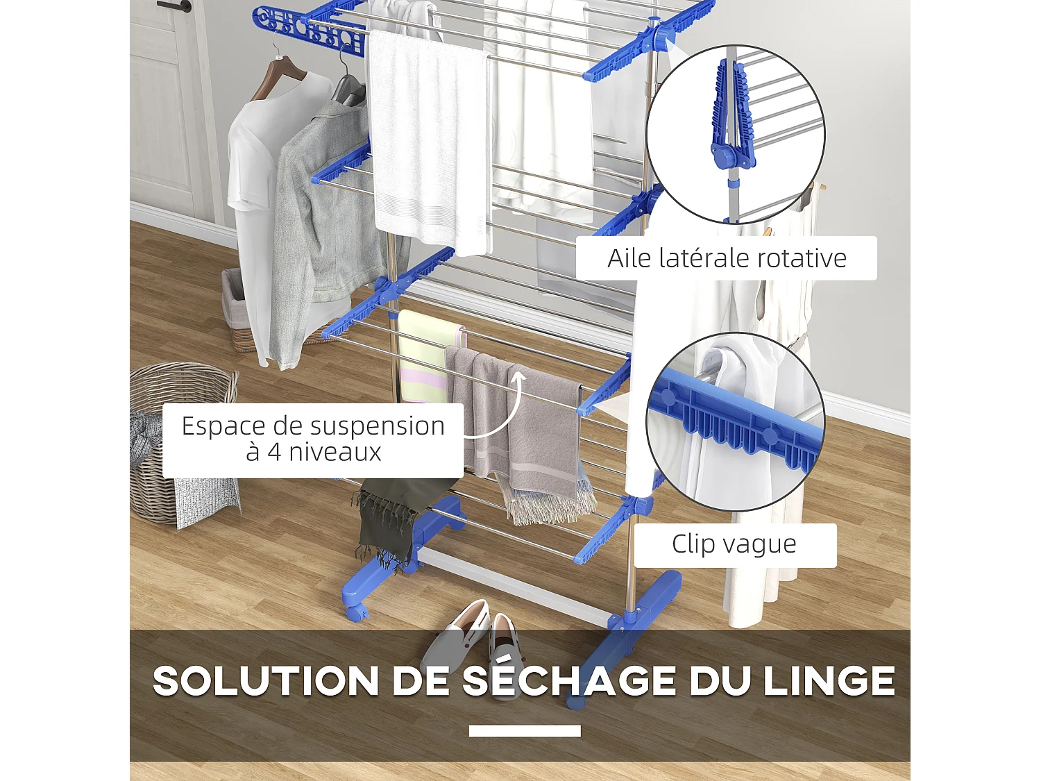 Séchoir à linge étendoir pliable ailes latérales 4 niveaux bleu