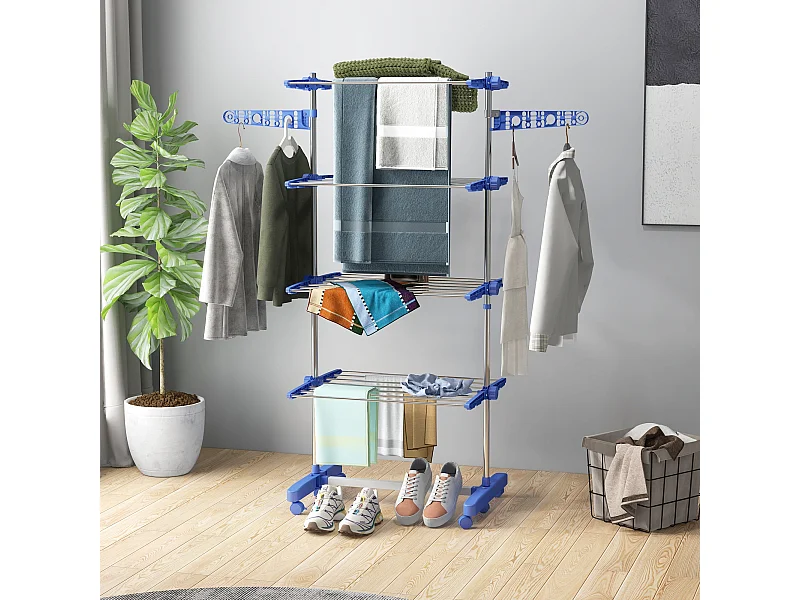 Séchoir à linge étendoir pliable ailes latérales 4 niveaux bleu