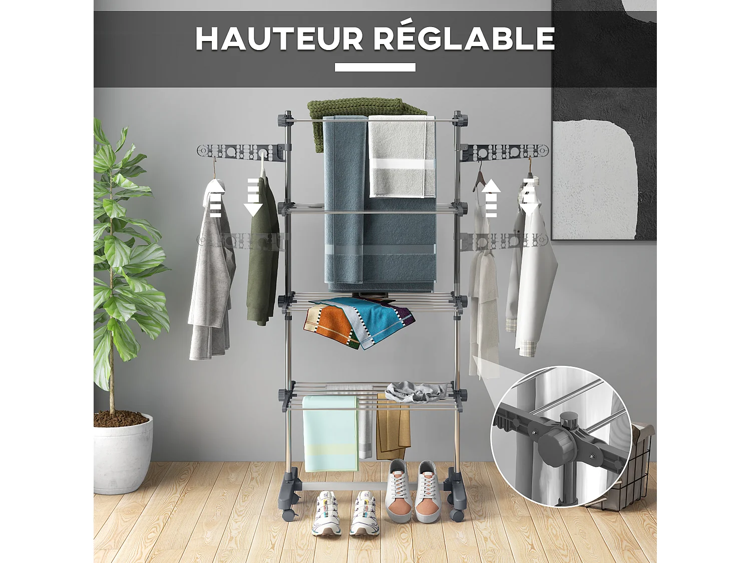 Séchoir à linge étendoir pliable ailes latérales 4 niveaux gris