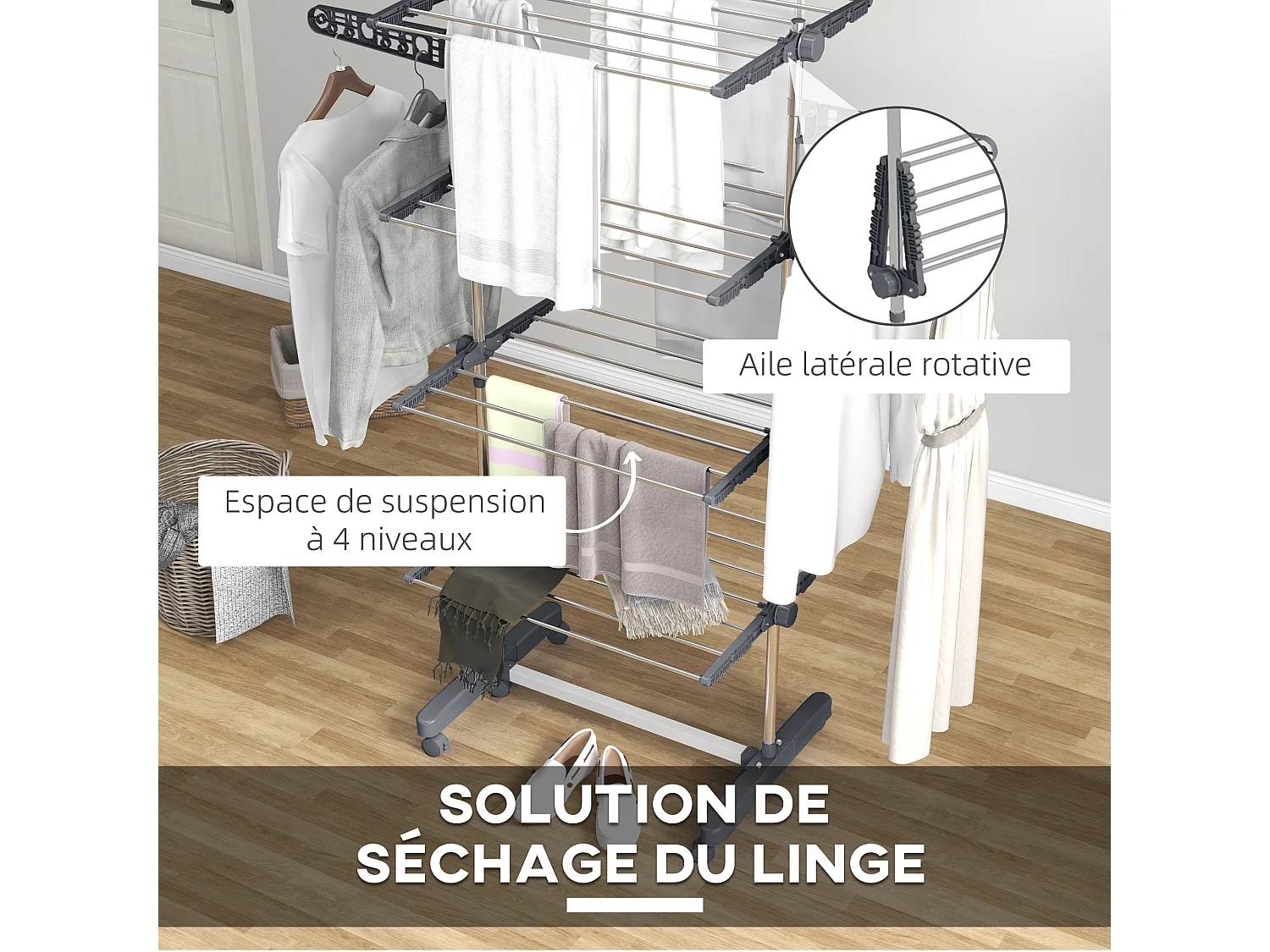 Séchoir à linge étendoir pliable ailes latérales 4 niveaux gris
