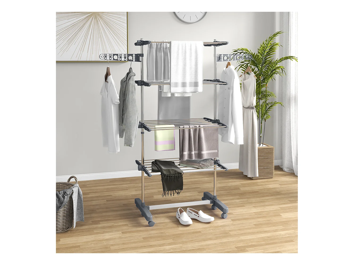 Séchoir à linge étendoir pliable ailes latérales 4 niveaux gris