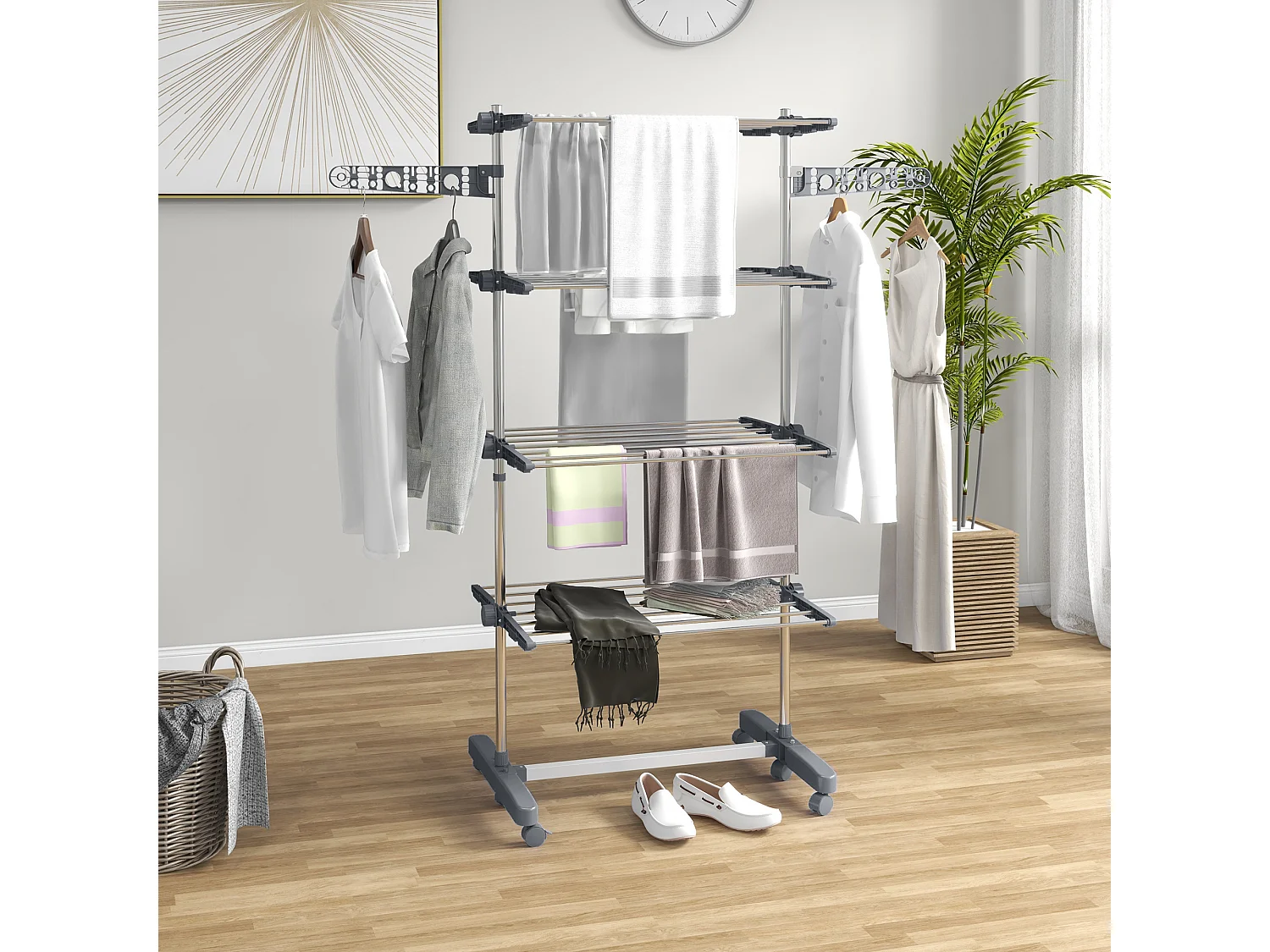 Séchoir à linge étendoir pliable ailes latérales 4 niveaux gris