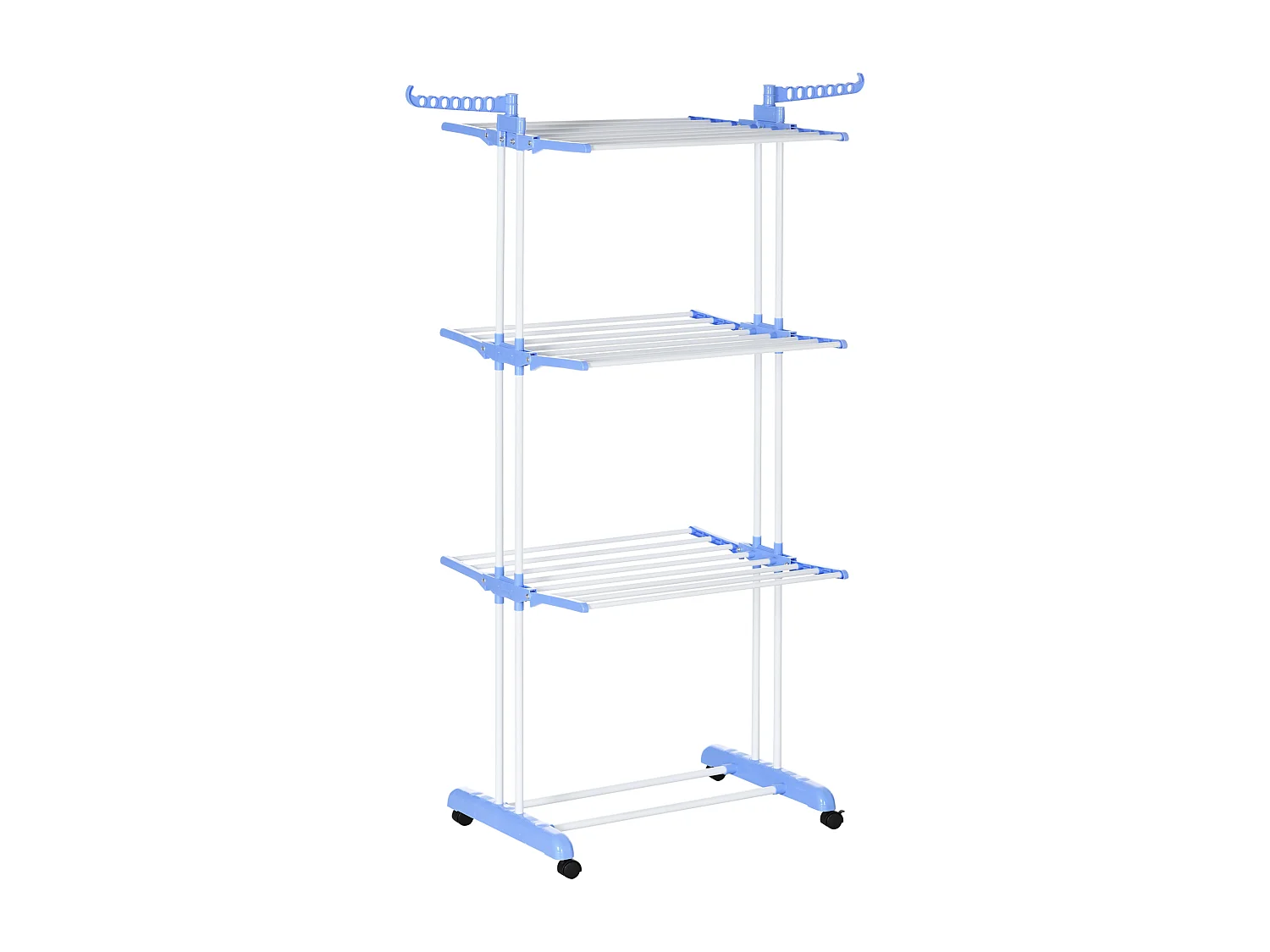 Sechoir à linge étendoir pliable 3 niveaux 2 ailes latérales à cintres acier blanc PP bleu