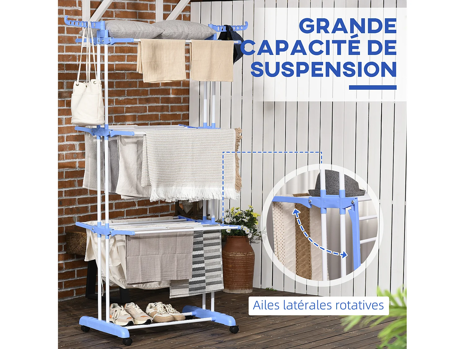 Sechoir à linge étendoir pliable 3 niveaux 2 ailes latérales à cintres acier blanc PP bleu