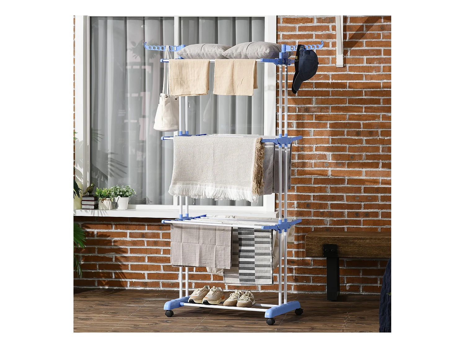 Sechoir à linge étendoir pliable 3 niveaux 2 ailes latérales à cintres acier blanc PP bleu