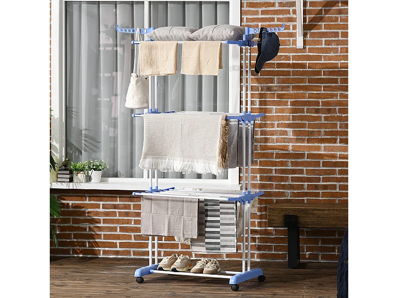 Sechoir à linge étendoir pliable 3 niveaux 2 ailes latérales à cintres acier blanc PP bleu