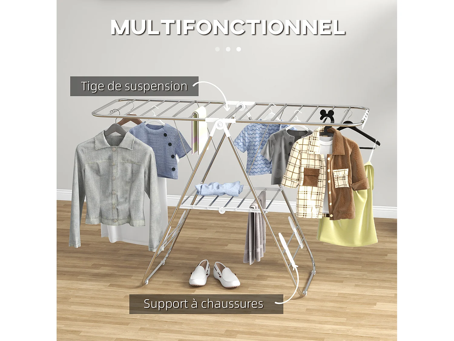 Séchoir à linge pliable sur pied - étendoir 2 niveaux ajustables - acier PP blanc