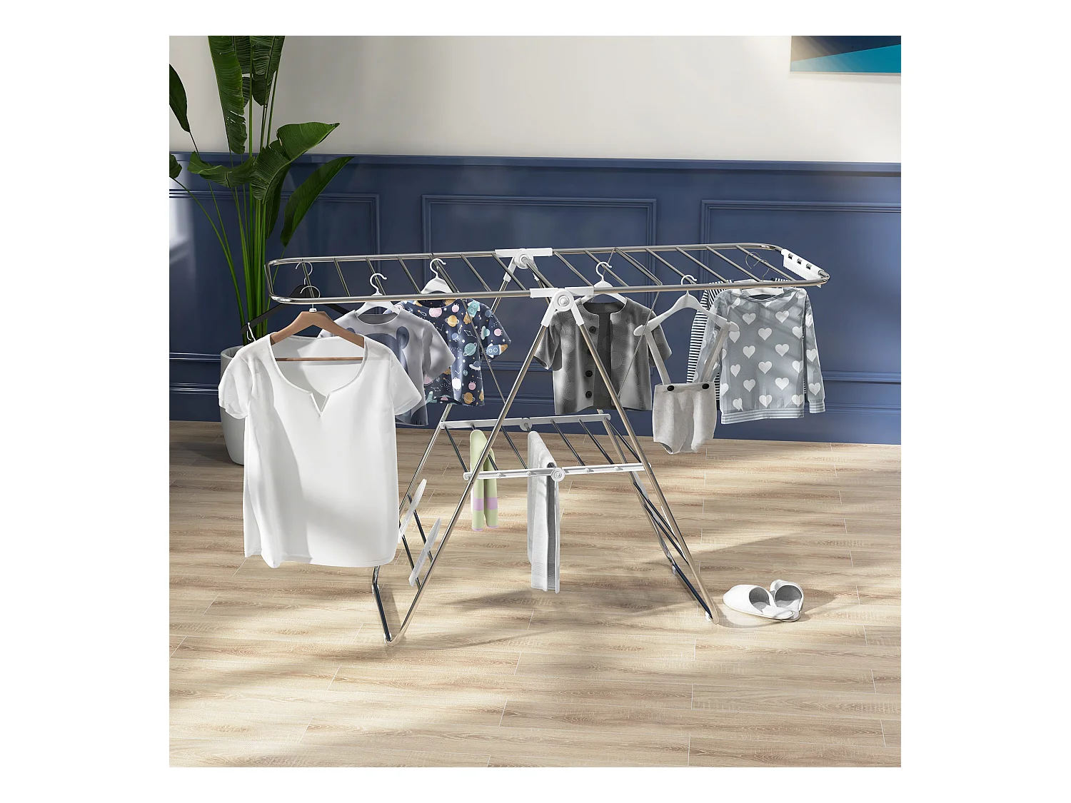 Séchoir à linge pliable sur pied - étendoir 2 niveaux ajustables - acier PP blanc