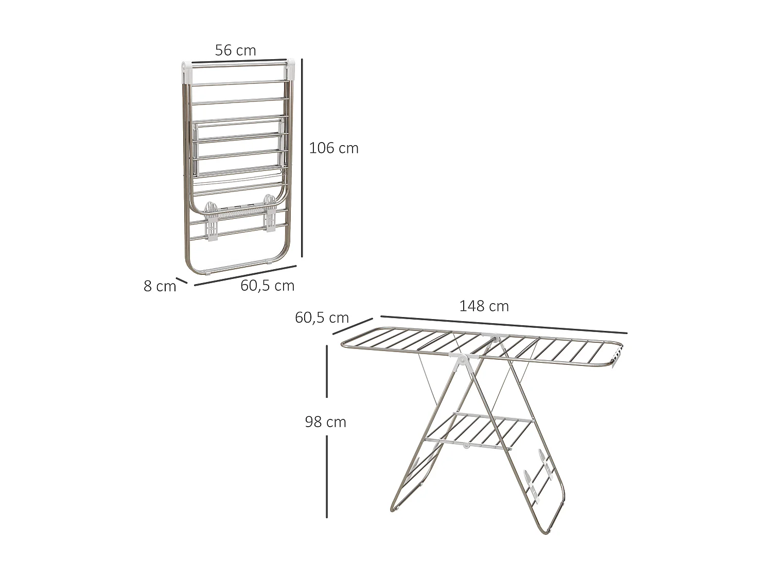 Séchoir à linge pliable sur pied - étendoir 2 niveaux ajustables - acier PP blanc