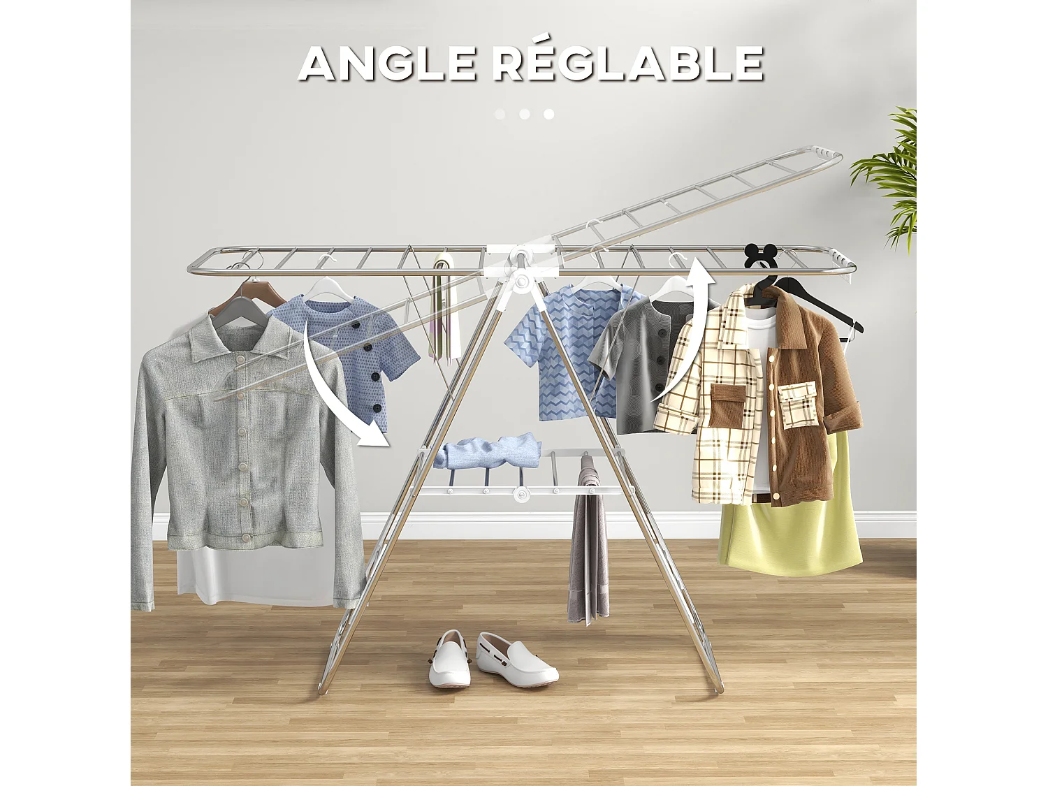 Séchoir à linge pliable sur pied - étendoir 2 niveaux ajustables - acier PP blanc