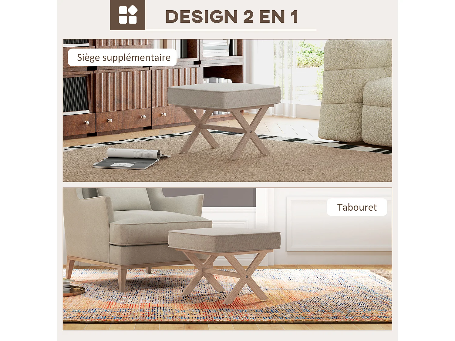 Pouf repose-pied style nordique piètement croisé bois hévéa tissu beige