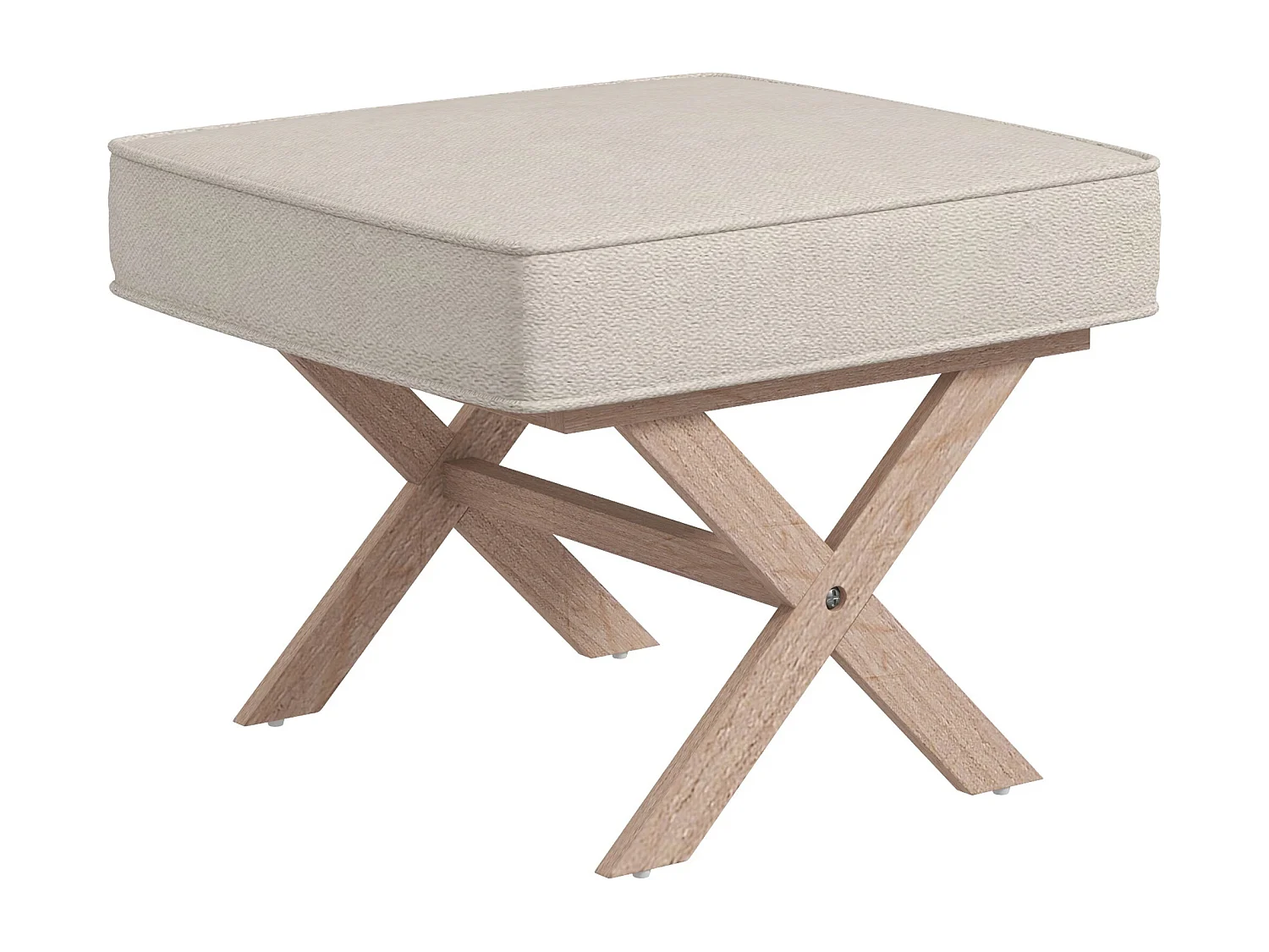 Pouf repose-pied style nordique piètement croisé bois hévéa tissu beige