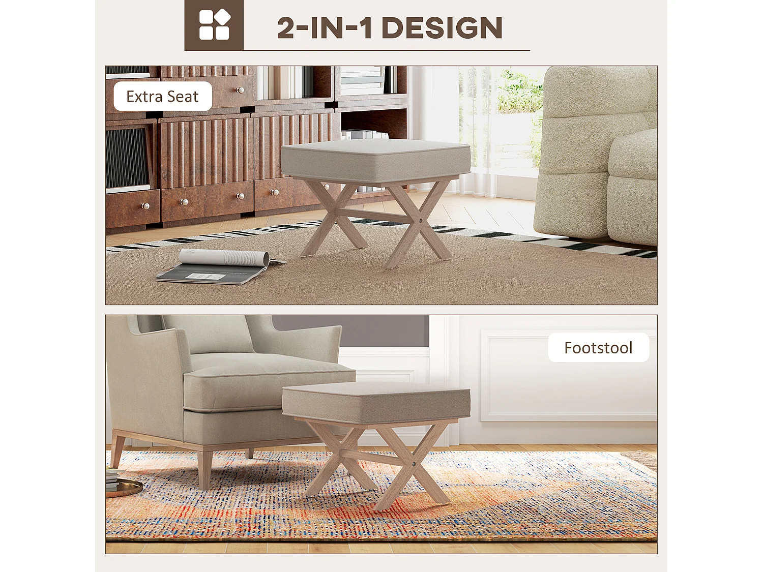 Pouf repose-pied style nordique piètement croisé bois hévéa tissu beige