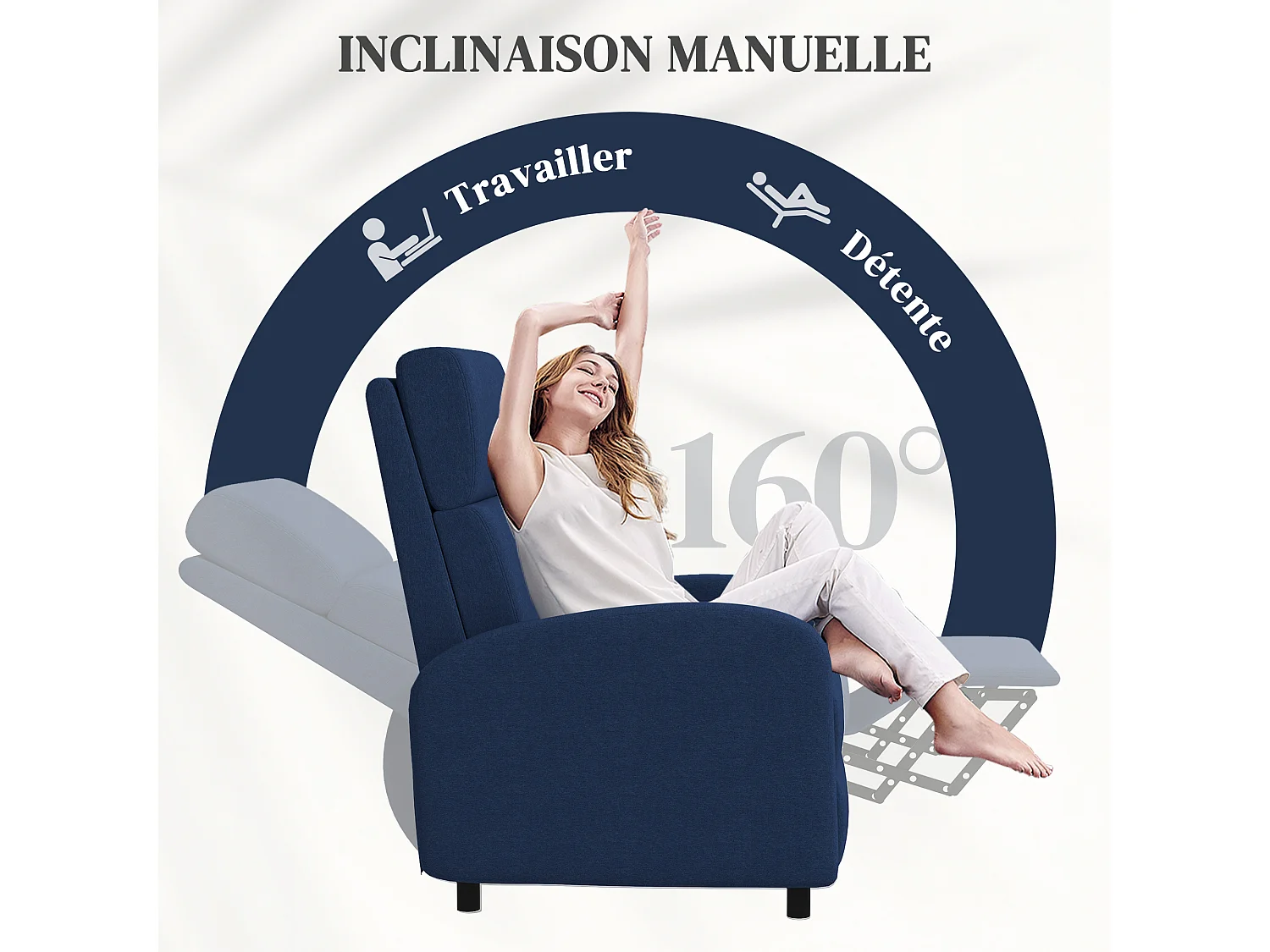 Fauteuil de relaxation inclinable réglable repose-pied tissu bleu