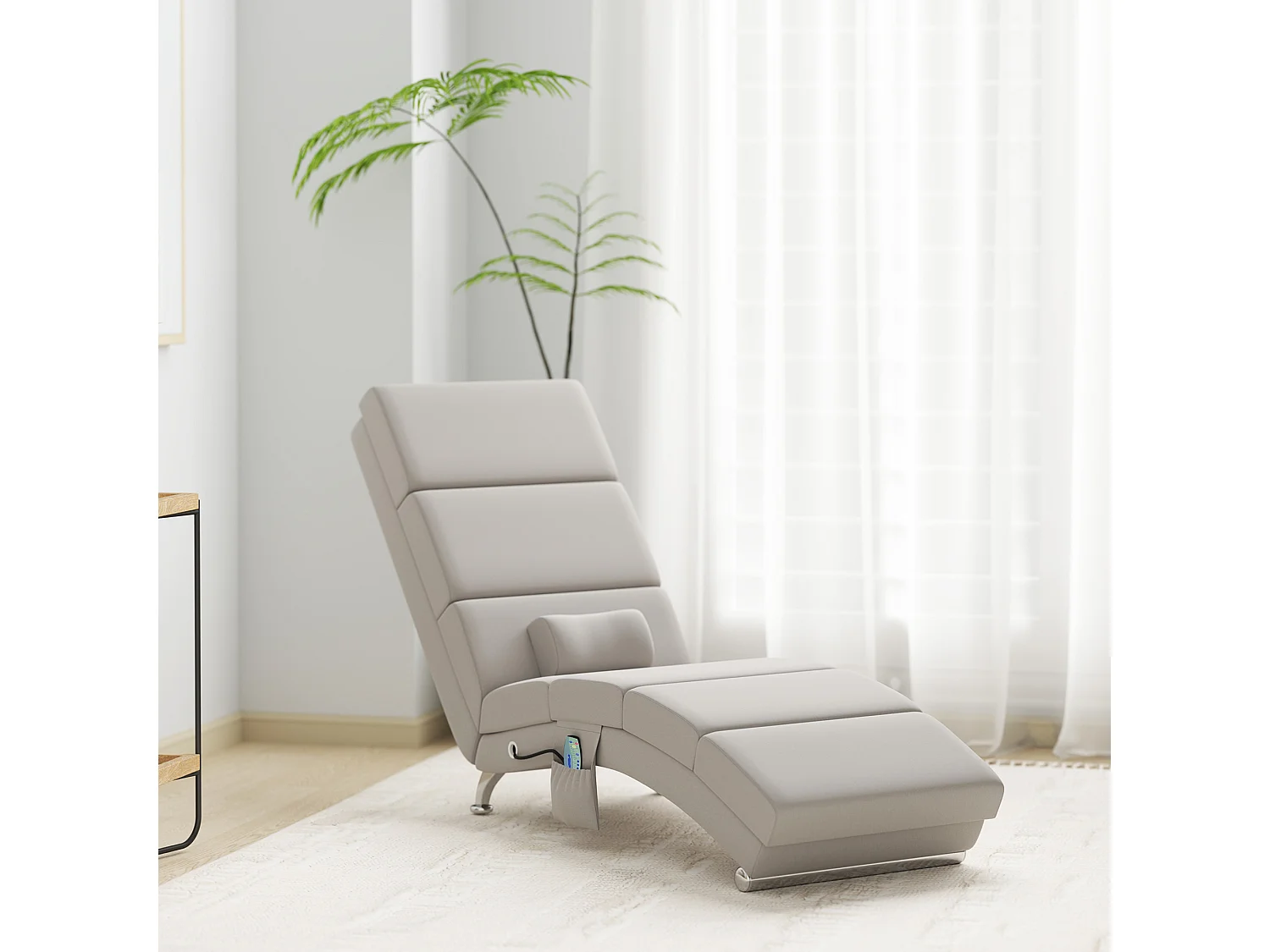 Fauteuil relax massant chauffant design contemporain - chaise longue d'intérieur - piètement métal chromé tissu beige