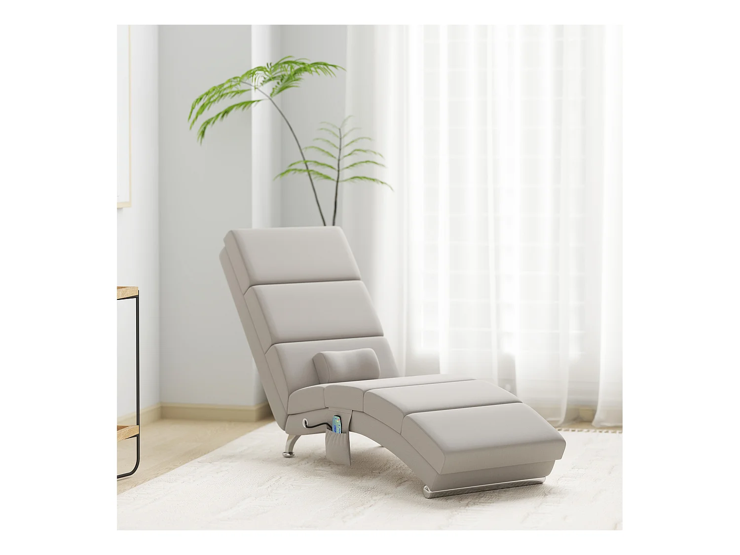Fauteuil relax massant chauffant design contemporain - chaise longue d'intérieur - piètement métal chromé tissu beige