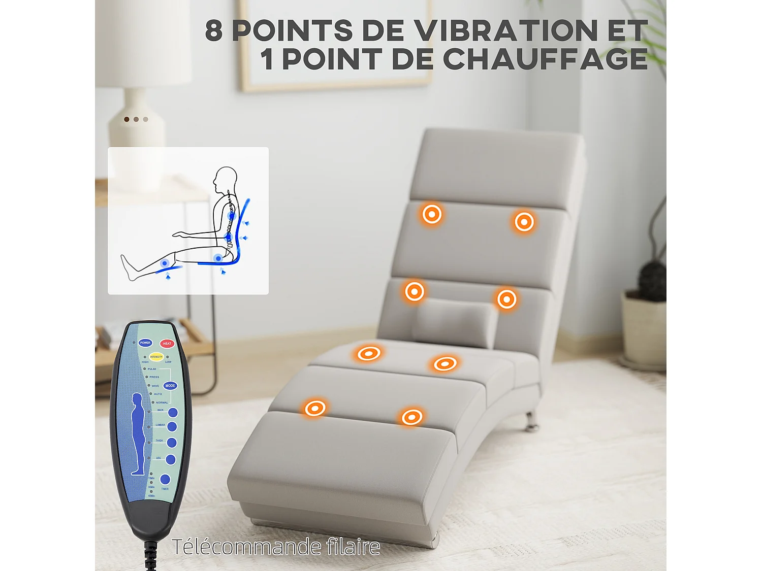 Fauteuil relax massant chauffant design contemporain - chaise longue d'intérieur - piètement métal chromé tissu beige