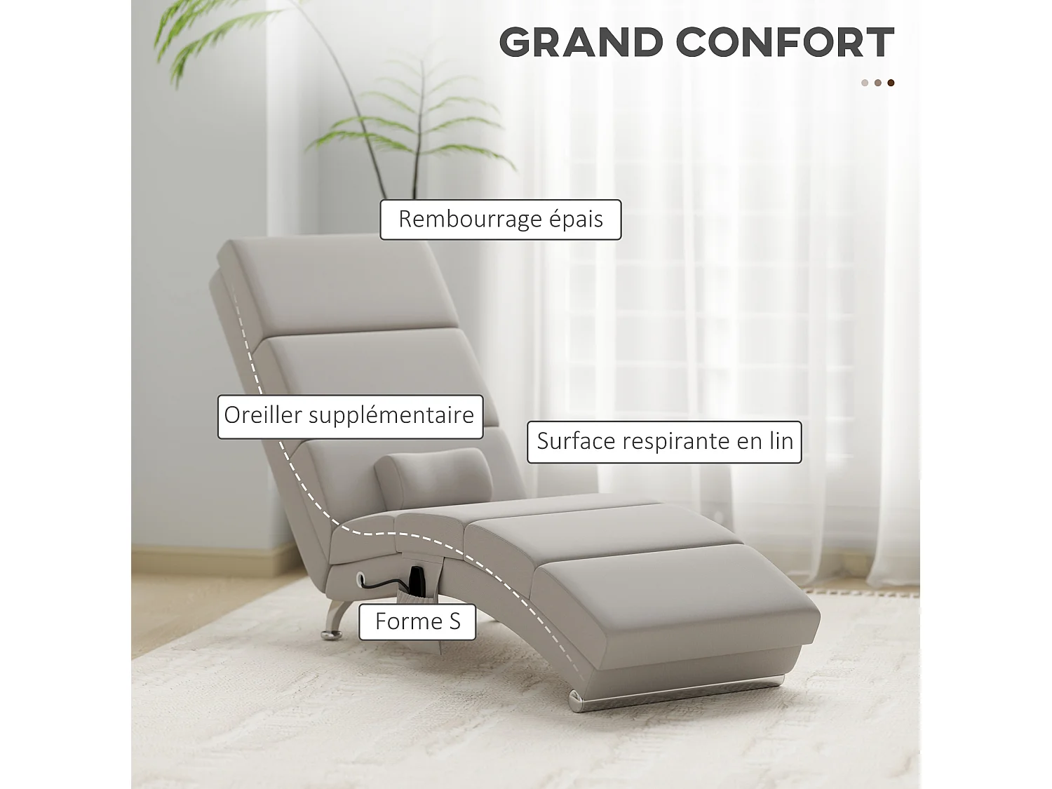 Fauteuil relax massant chauffant design contemporain - chaise longue d'intérieur - piètement métal chromé tissu beige