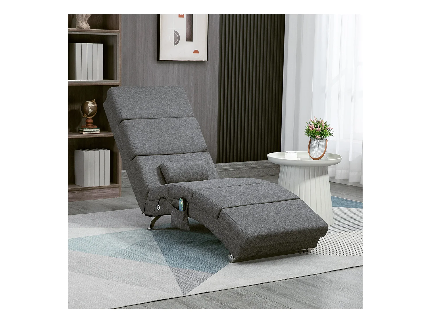 Fauteuil relax massant chauffant design contemporain - chaise longue d'intérieur - piètement métal chromé tissu gris