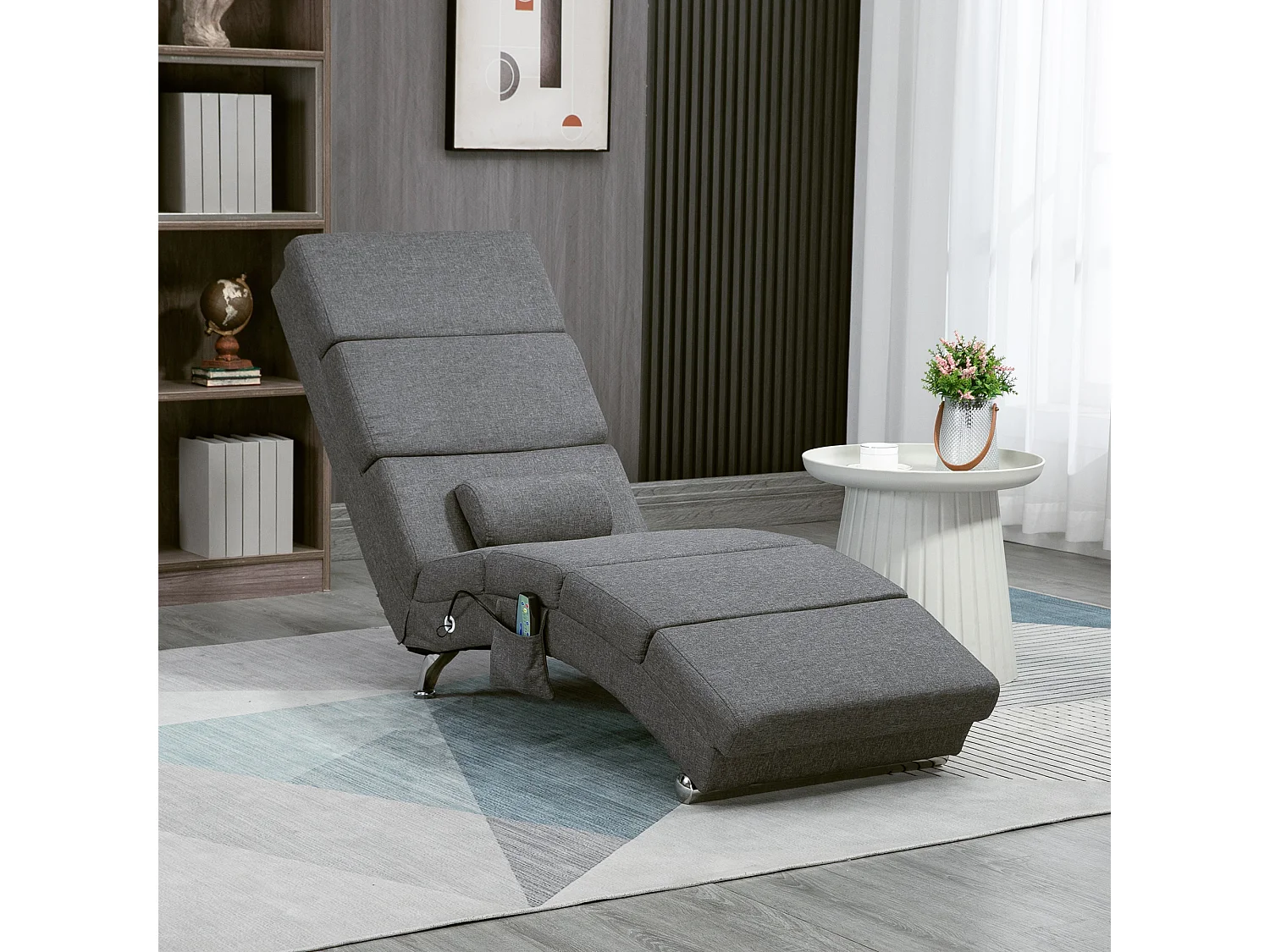 Fauteuil relax massant chauffant design contemporain - chaise longue d'intérieur - piètement métal chromé tissu gris