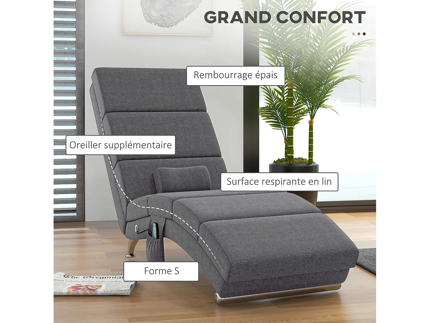 Fauteuil relax massant chauffant design contemporain - chaise longue d'intérieur - piètement métal chromé tissu gris