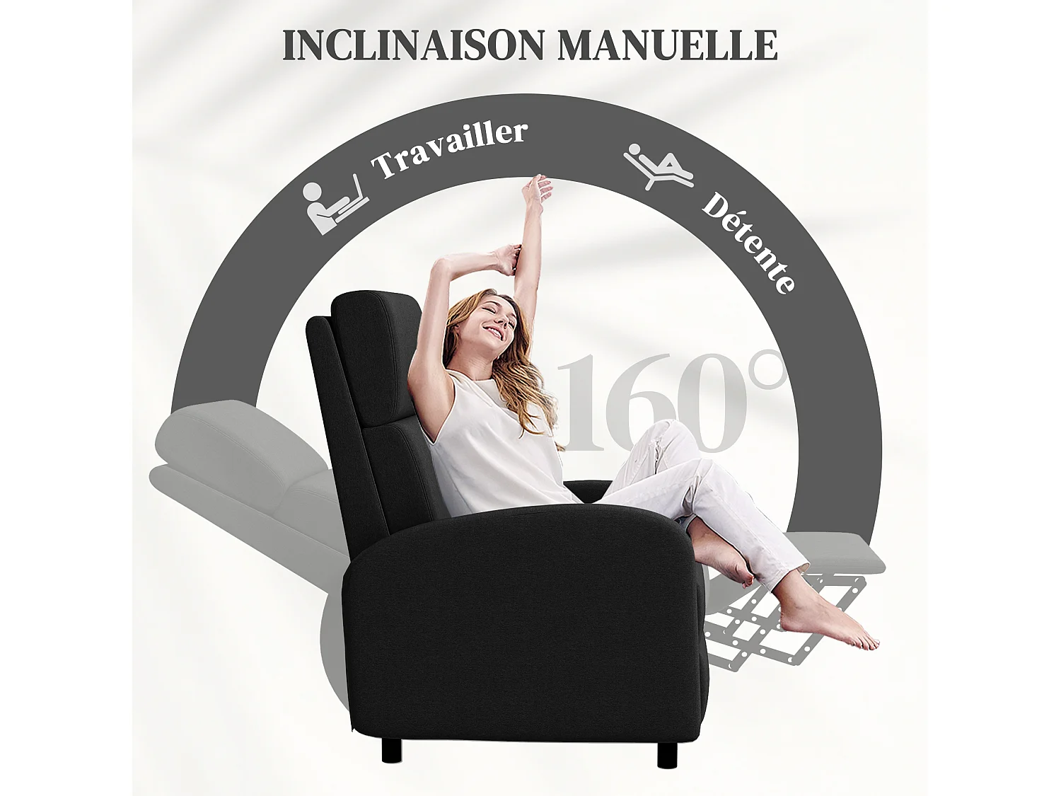Fauteuil de relaxation inclinable réglable repose-pied tissu noir
