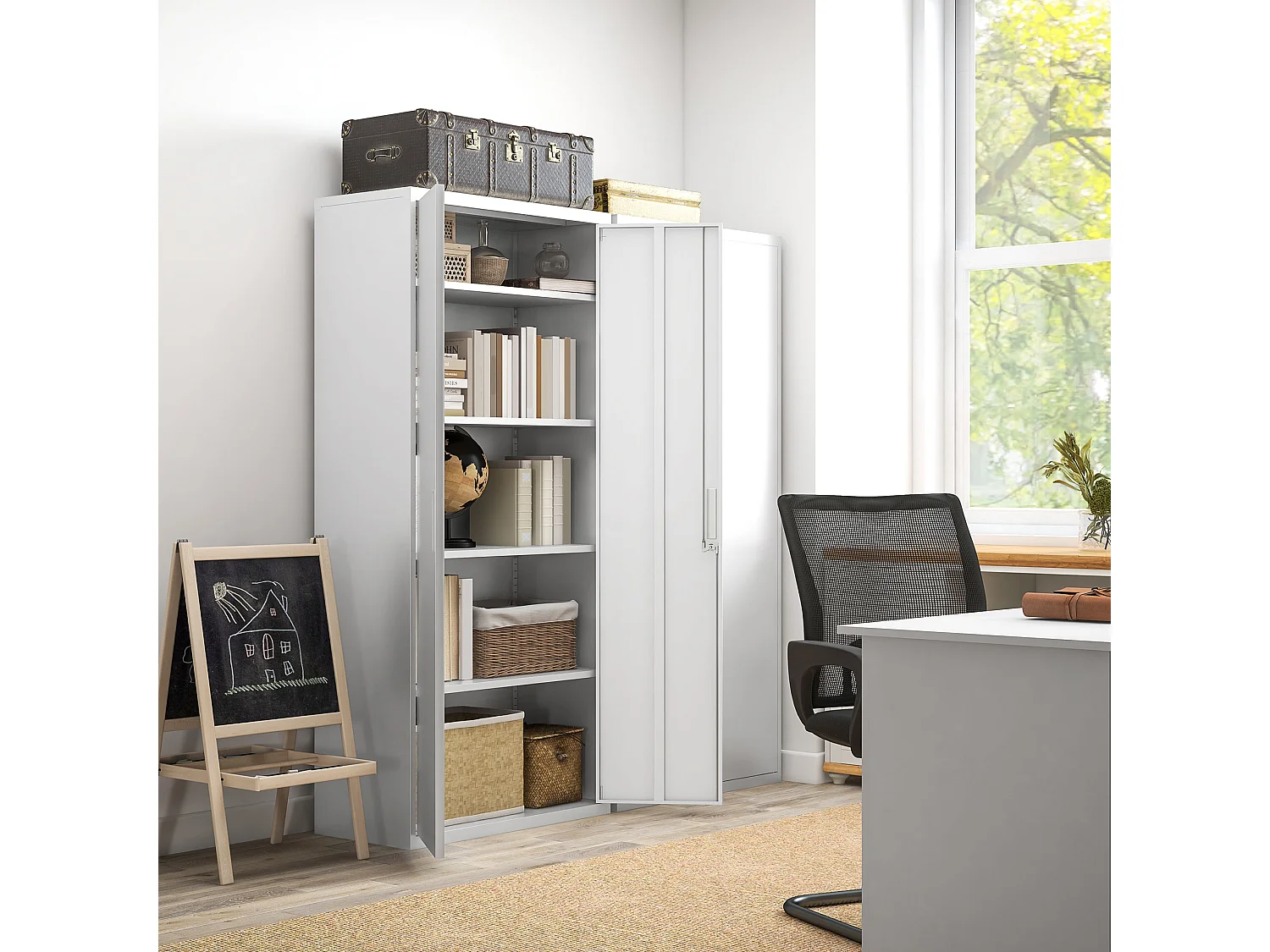 Armoire de bureau verrouillable 2 portes - 4 étagères réglables, 2 clés - acier laminé à froid blanc