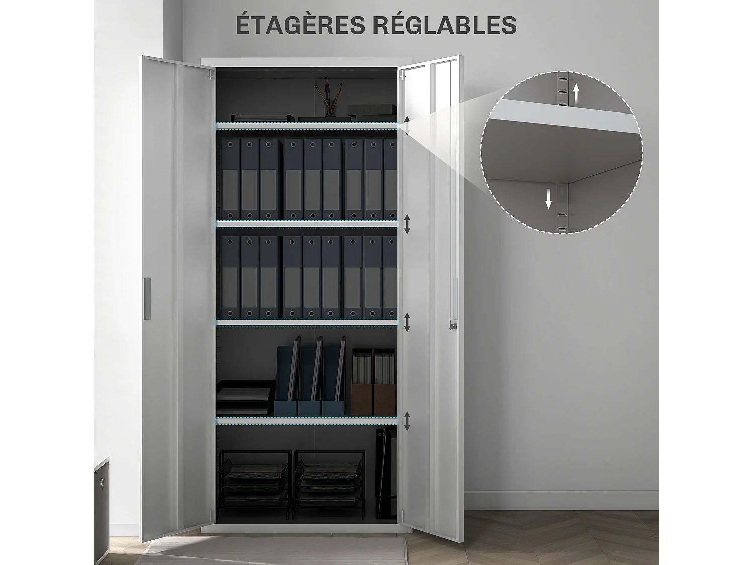 Armoire de bureau verrouillable 2 portes - 4 étagères réglables, 2 clés - acier laminé à froid blanc
