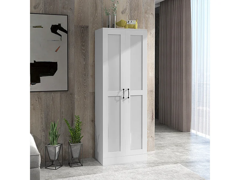 Armoire 2 portes 4 étagères dim. 60L x 36,5l x 175H cm poignées métal noir panneaux blanc