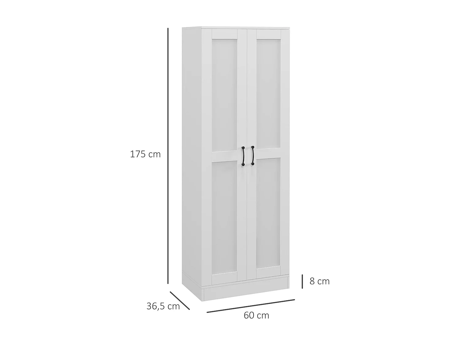 Armoire 2 portes 4 étagères dim. 60L x 36,5l x 175H cm poignées métal noir panneaux blanc