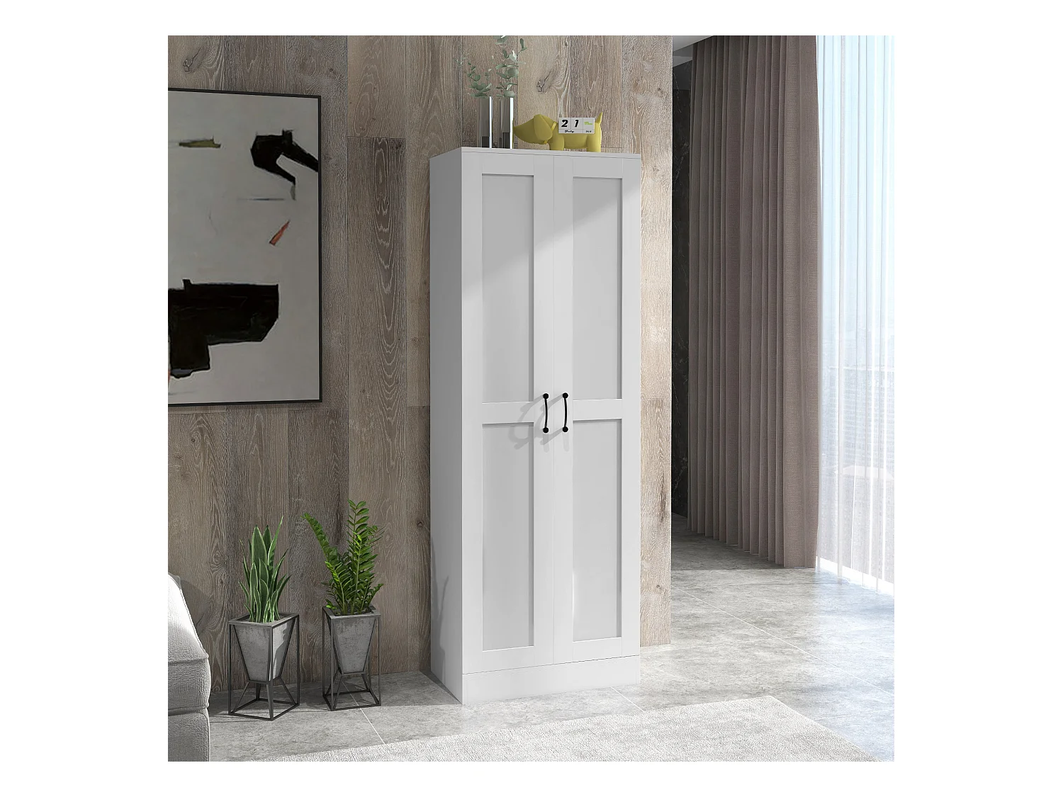 Armoire 2 portes 4 étagères dim. 60L x 36,5l x 175H cm poignées métal noir panneaux blanc
