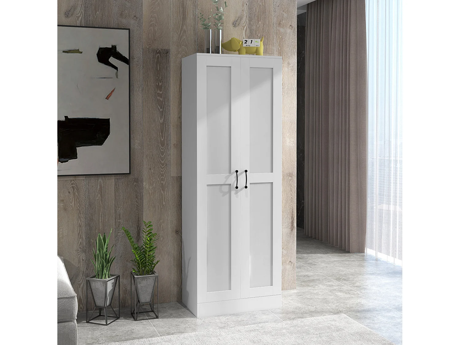 Armoire 2 portes 4 étagères dim. 60L x 36,5l x 175H cm poignées métal noir panneaux blanc
