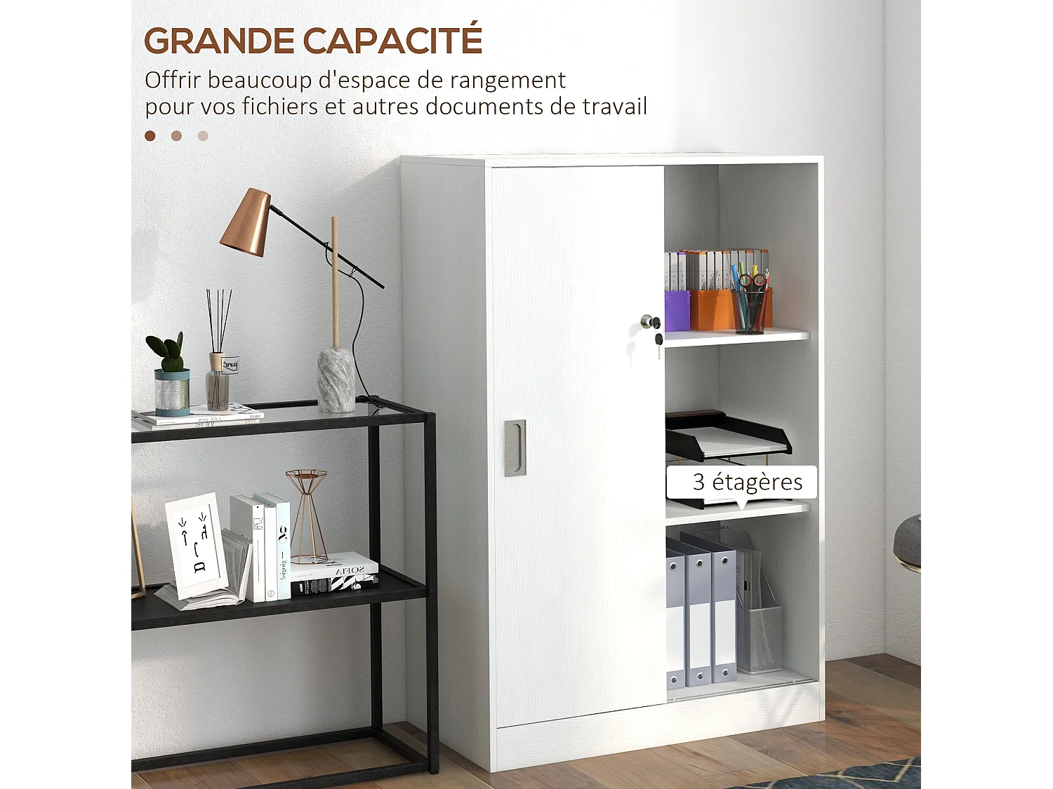 Armoire de bureau 2 portes coulissantes verrouillables dim. 80L x 40l x 120H cm 2 étagères panneaux particules blanc