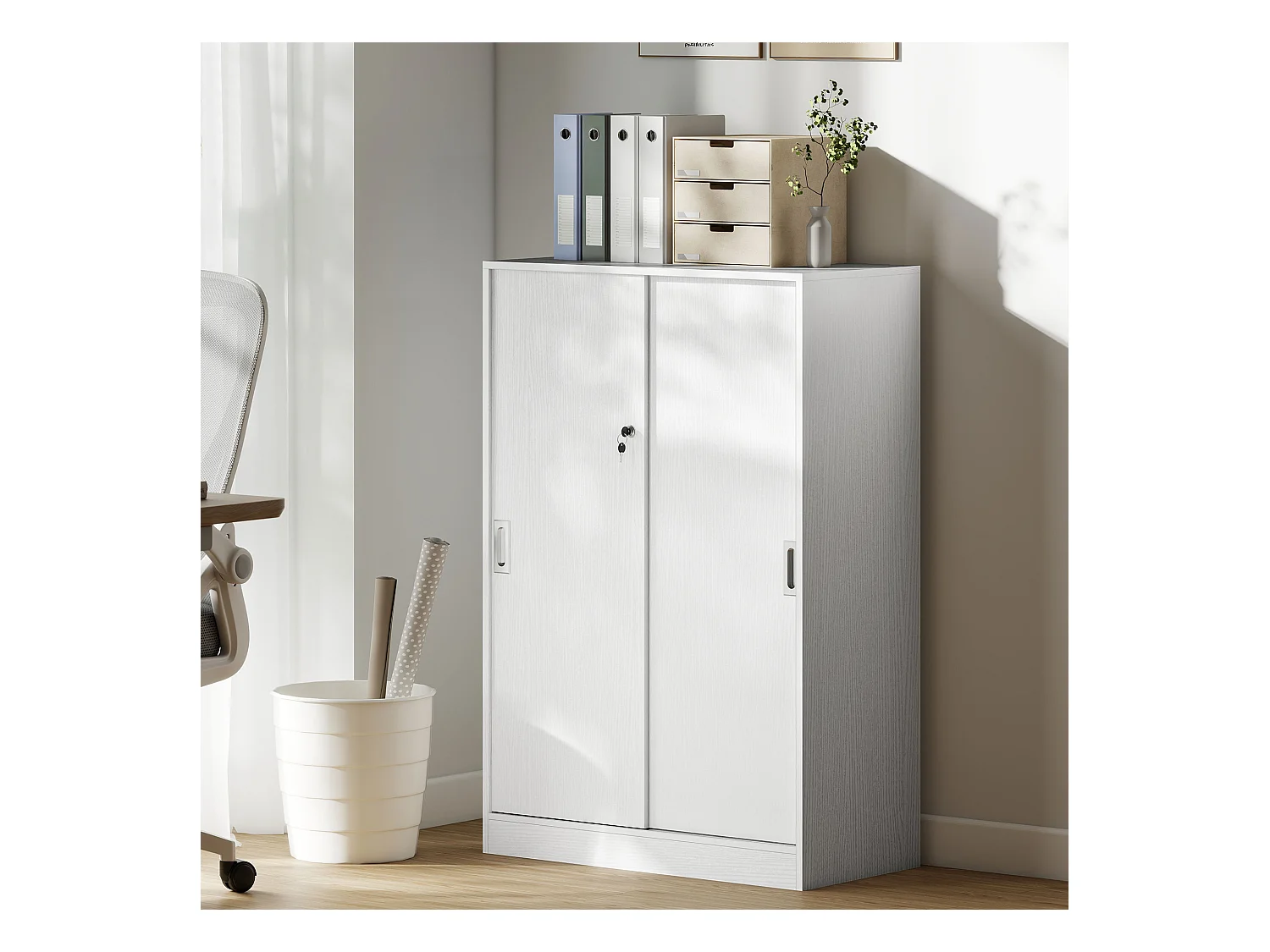 Armoire de bureau 2 portes coulissantes verrouillables dim. 80L x 40l x 120H cm 2 étagères panneaux particules blanc