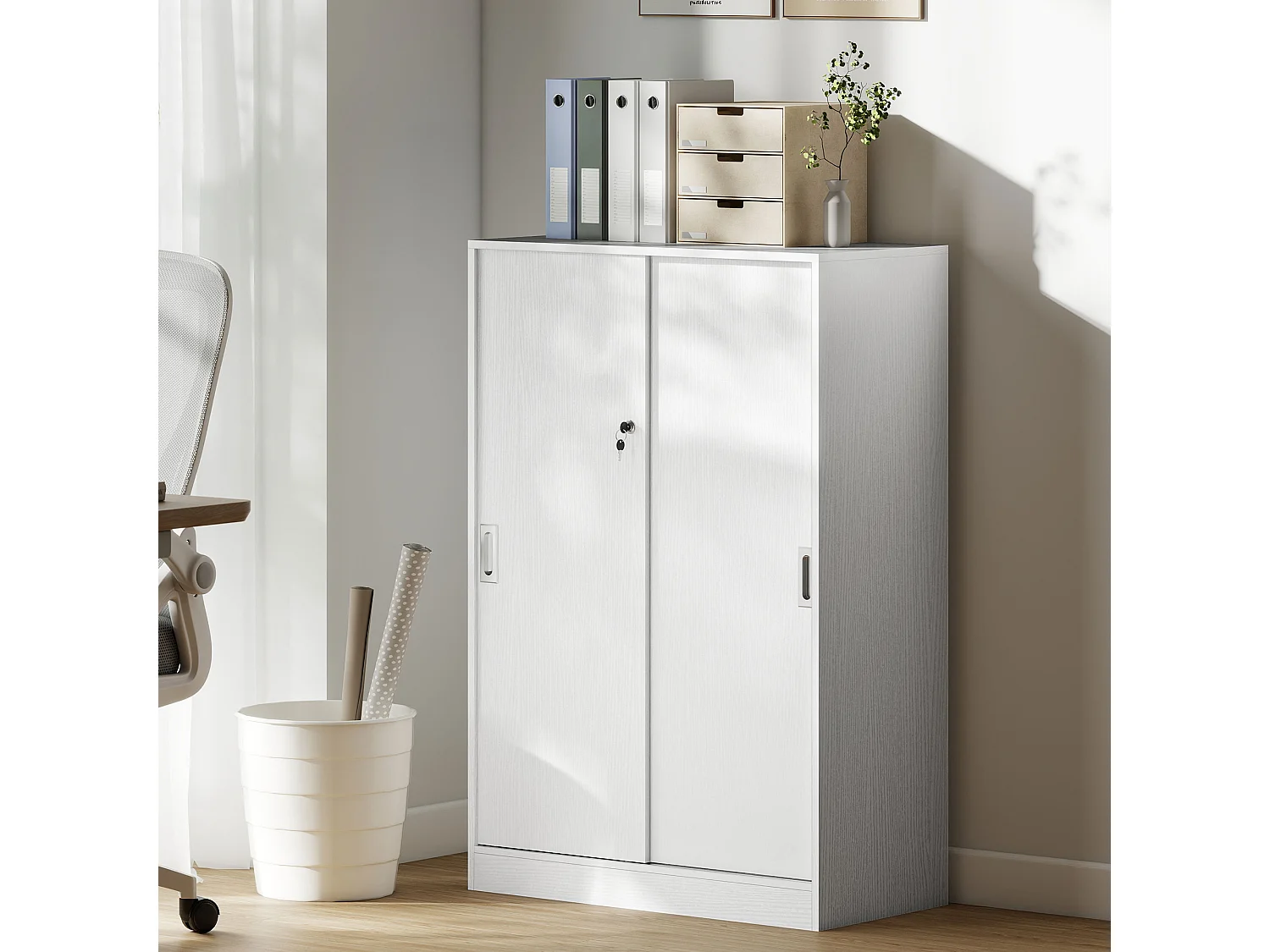 Armoire de bureau 2 portes coulissantes verrouillables dim. 80L x 40l x 120H cm 2 étagères panneaux particules blanc