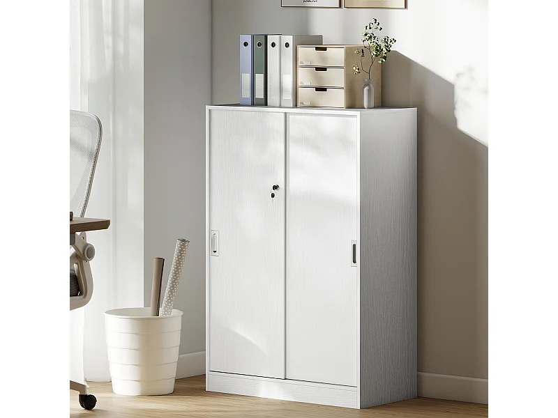 Armoire de bureau 2 portes coulissantes verrouillables dim. 80L x 40l x 120H cm 2 étagères panneaux particules blanc