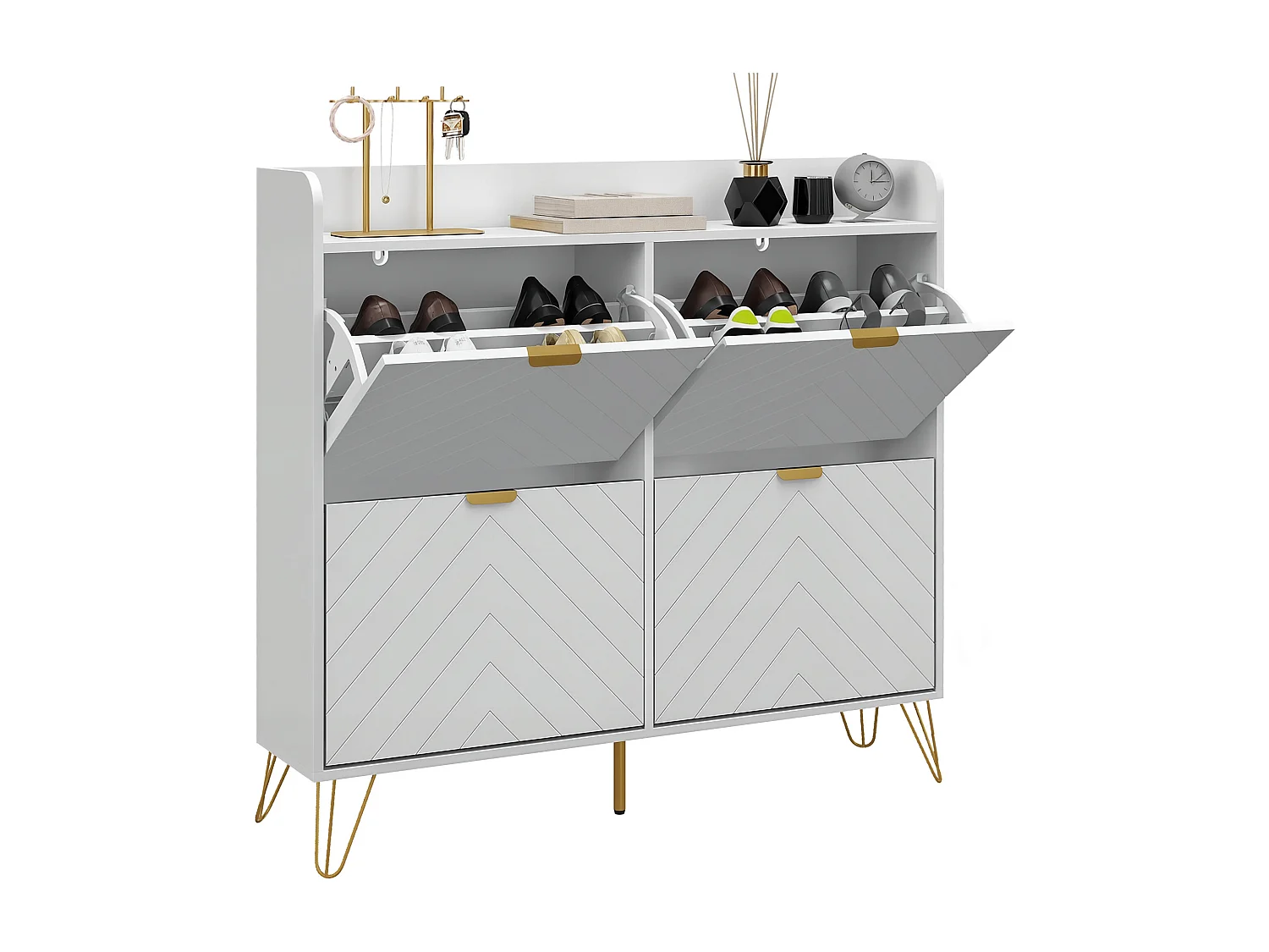 Meuble à chaussures 4 abattants style art déco - dim. 106L x 24l x 102H cm - acier doré MDF blanc