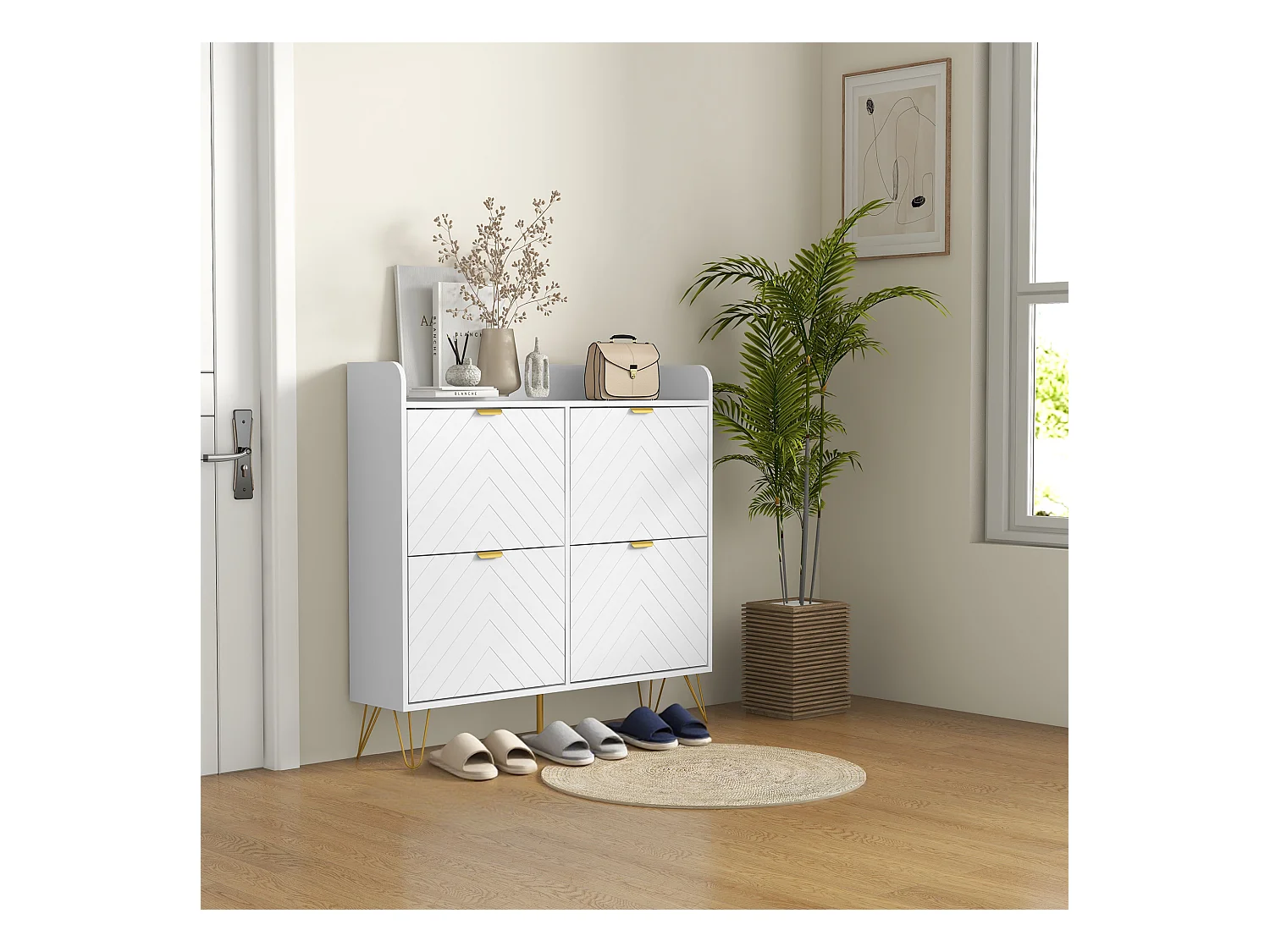 Meuble à chaussures 4 abattants style art déco - dim. 106L x 24l x 102H cm - acier doré MDF blanc