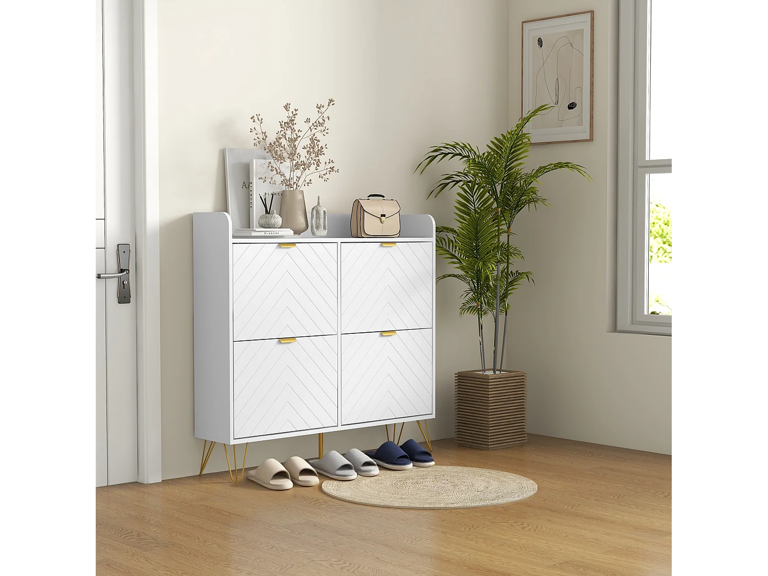 Meuble à chaussures 4 abattants style art déco - dim. 106L x 24l x 102H cm - acier doré MDF blanc