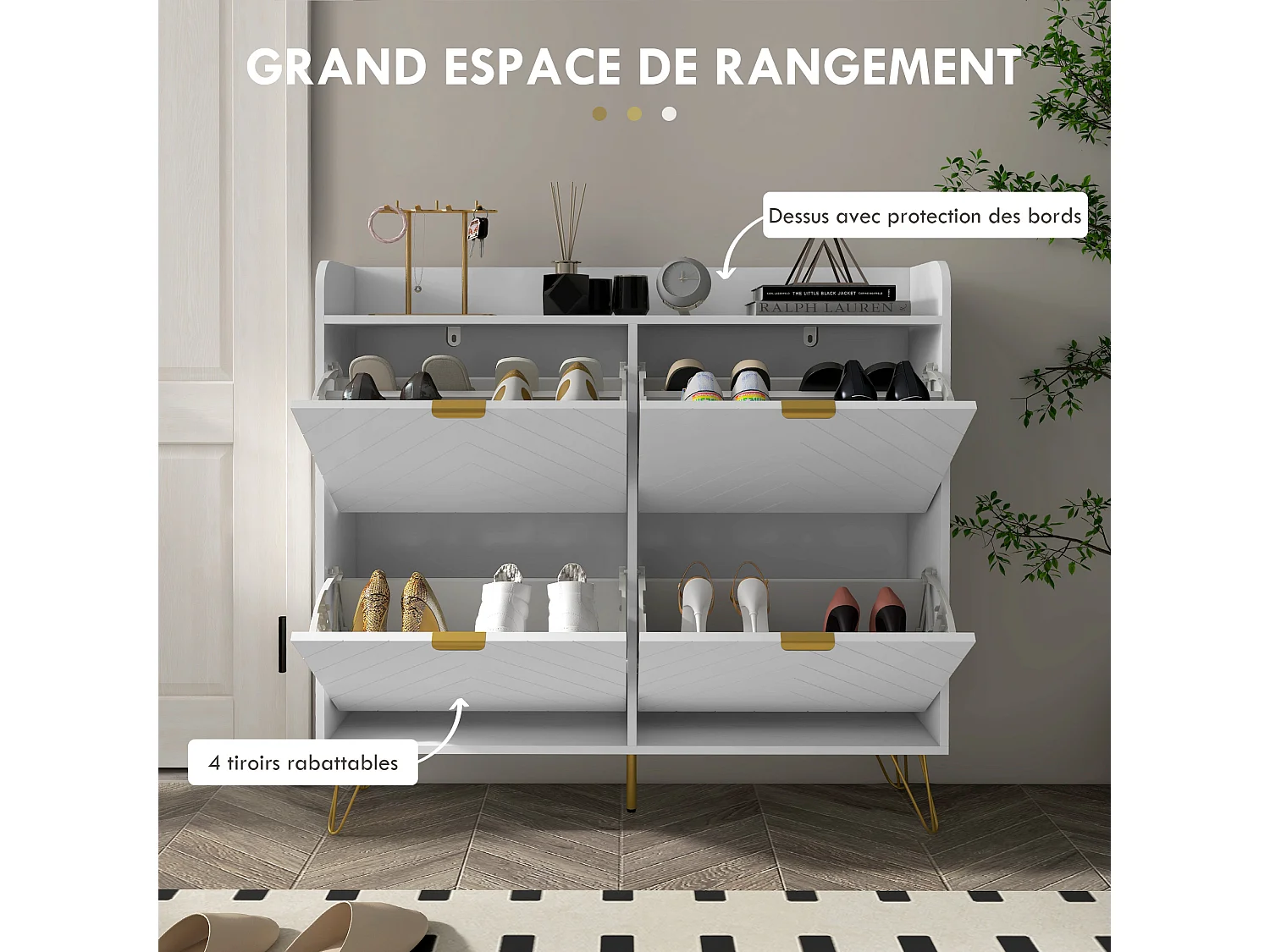 Meuble à chaussures 4 abattants style art déco - dim. 106L x 24l x 102H cm - acier doré MDF blanc