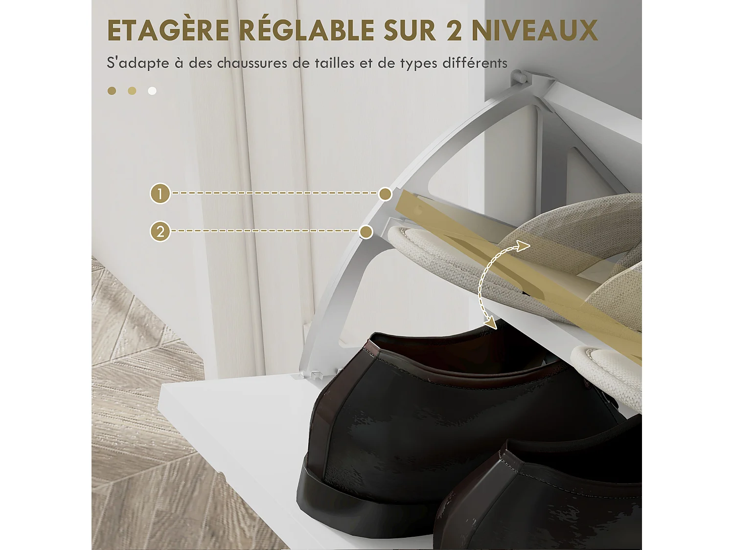 Meuble à chaussures 4 abattants style art déco - dim. 106L x 24l x 102H cm - acier doré MDF blanc