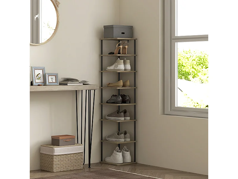 Meuble à chaussures 8 niv. style industriel - dim. 28L x 26l x 125H cm - métal noir aspect chêne clair