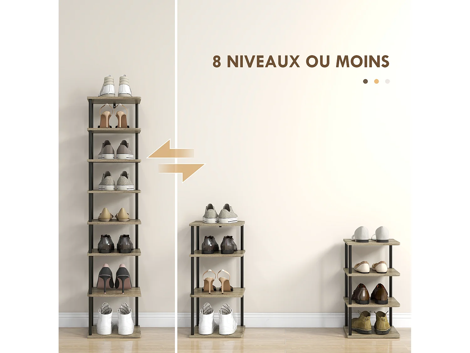 Meuble à chaussures 8 niv. style industriel - dim. 28L x 26l x 125H cm - métal noir aspect chêne clair