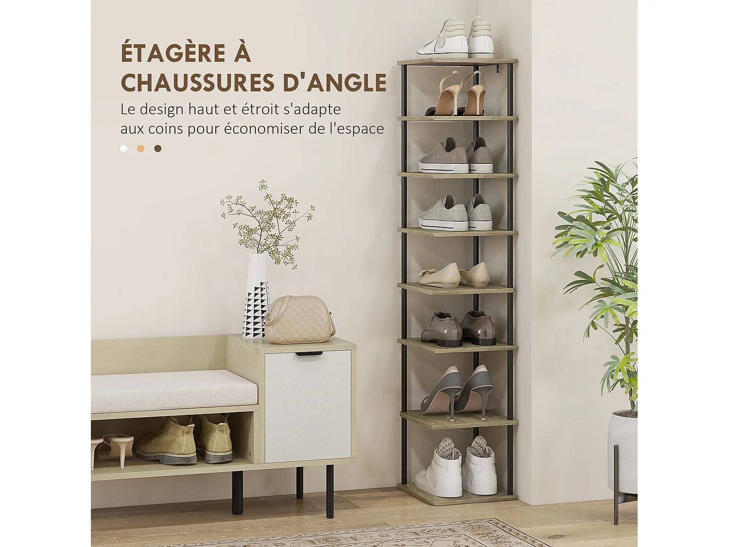 Meuble à chaussures 8 niv. style industriel - dim. 28L x 26l x 125H cm - métal noir aspect chêne clair