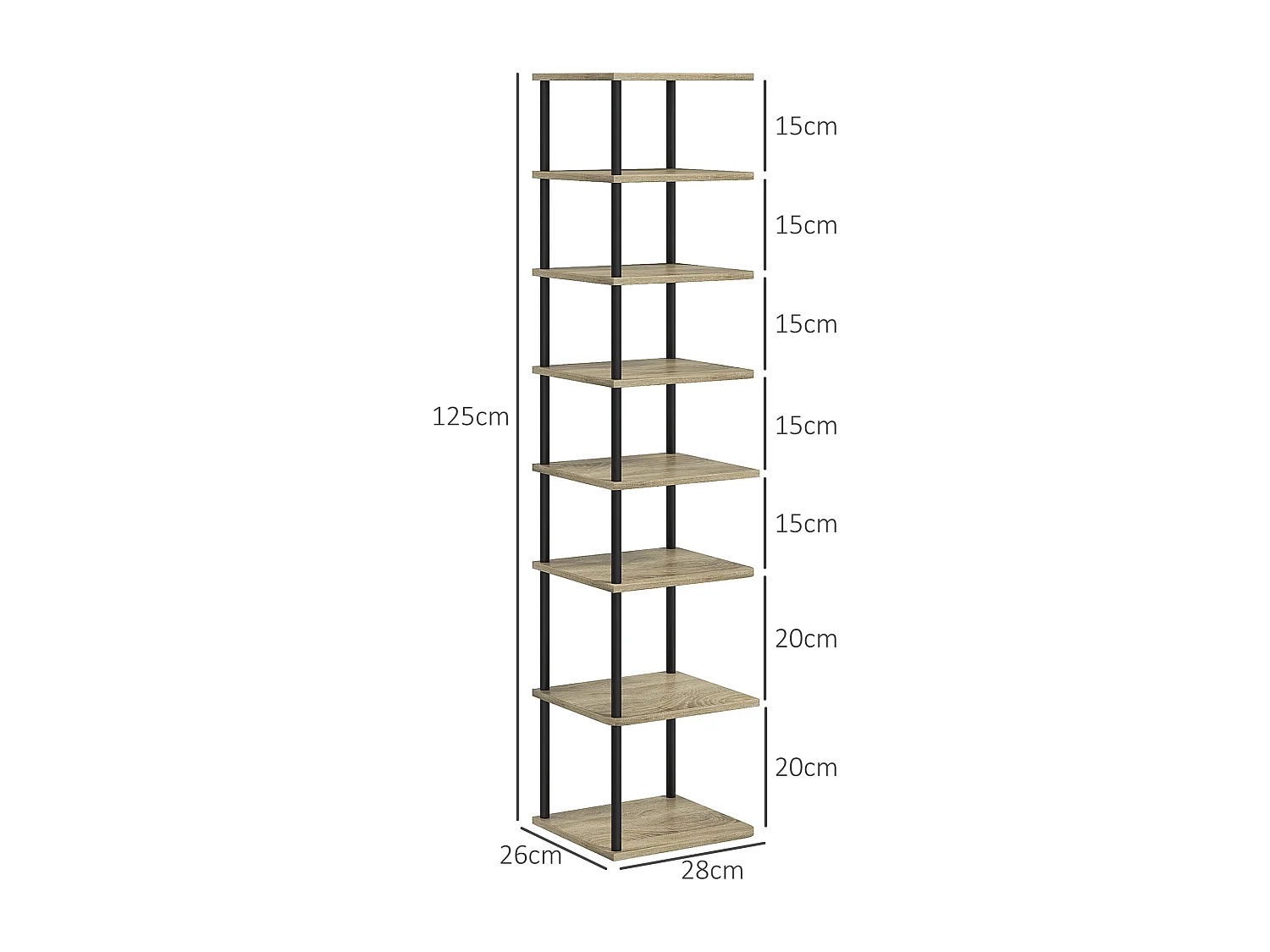 Meuble à chaussures 8 niv. style industriel - dim. 28L x 26l x 125H cm - métal noir aspect chêne clair