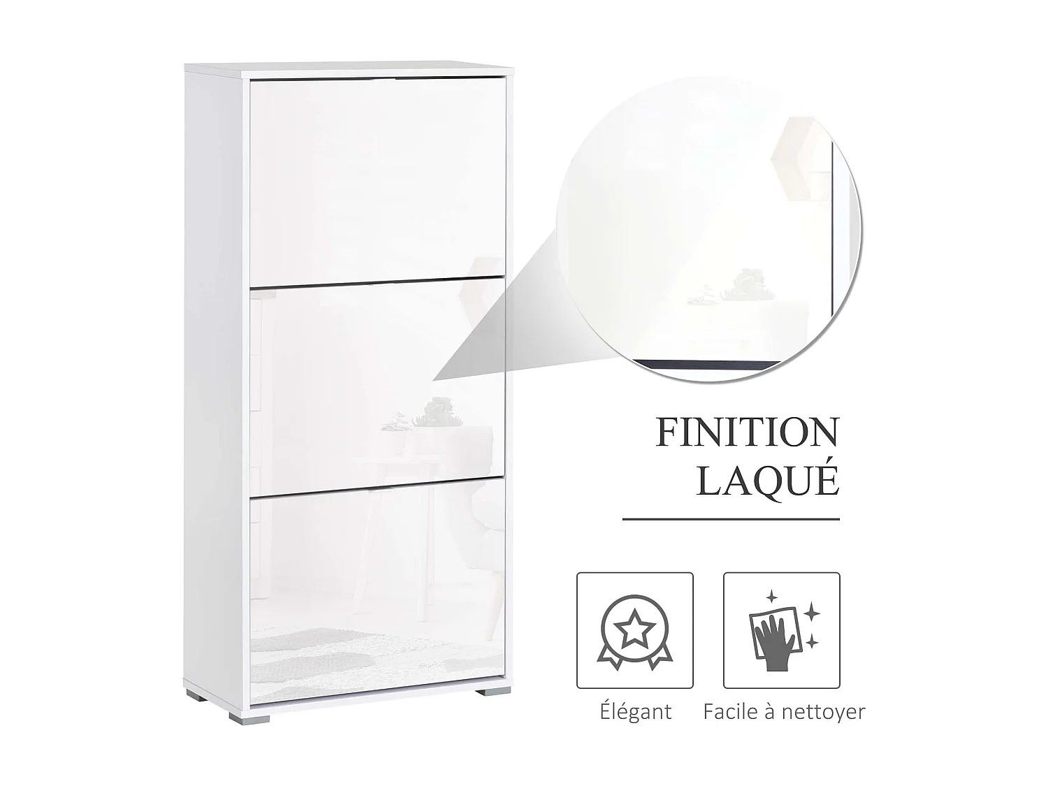 Meuble à chaussures 3 portes abattantes 3 compartiments MDF blanc laqué