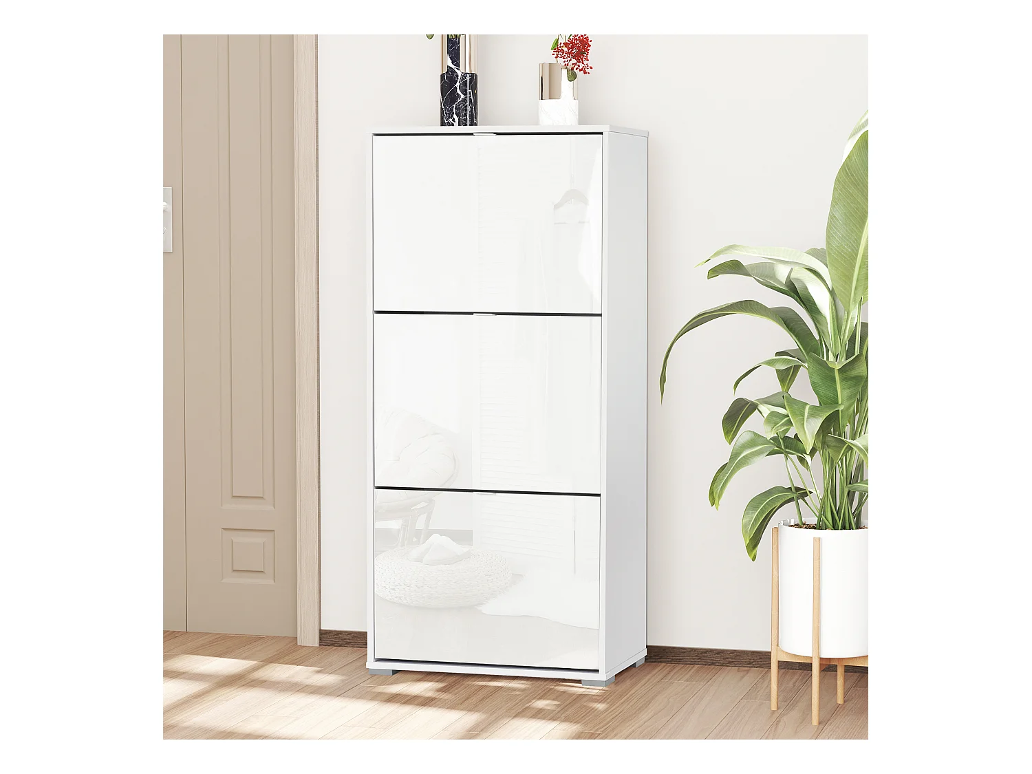 Meuble à chaussures 3 portes abattantes 3 compartiments MDF blanc laqué