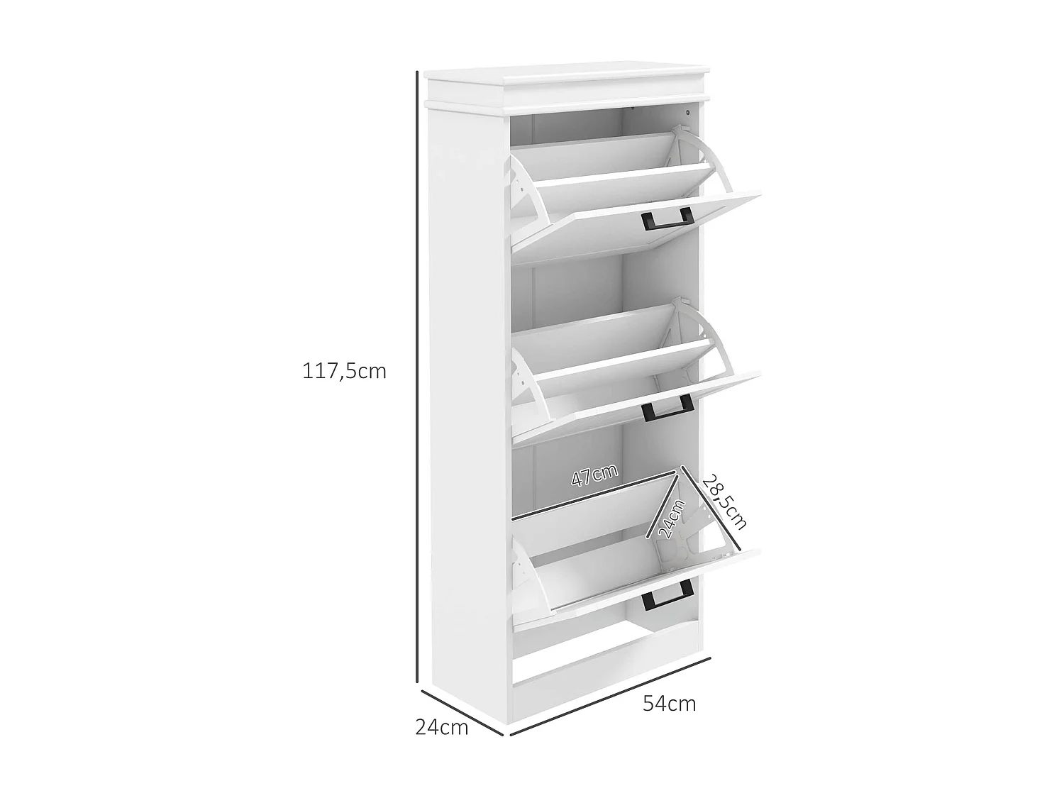 Meuble à chaussures 3 portes abattants 3 étagères poignées métal noir MDF blanc