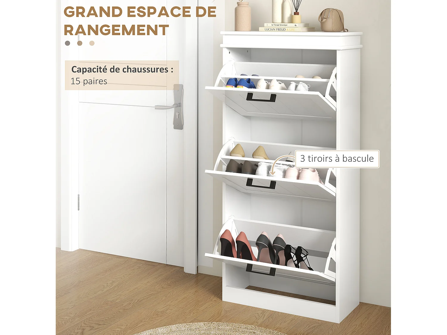 Meuble à chaussures 3 portes abattants 3 étagères poignées métal noir MDF blanc