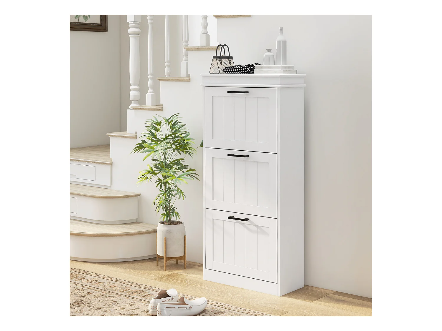 Meuble à chaussures 3 portes abattants 3 étagères poignées métal noir MDF blanc